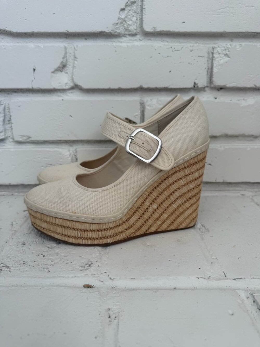 Steve Madden Canvas Mary Jane Espadrille Platform Wedges Size 6.5 Cream